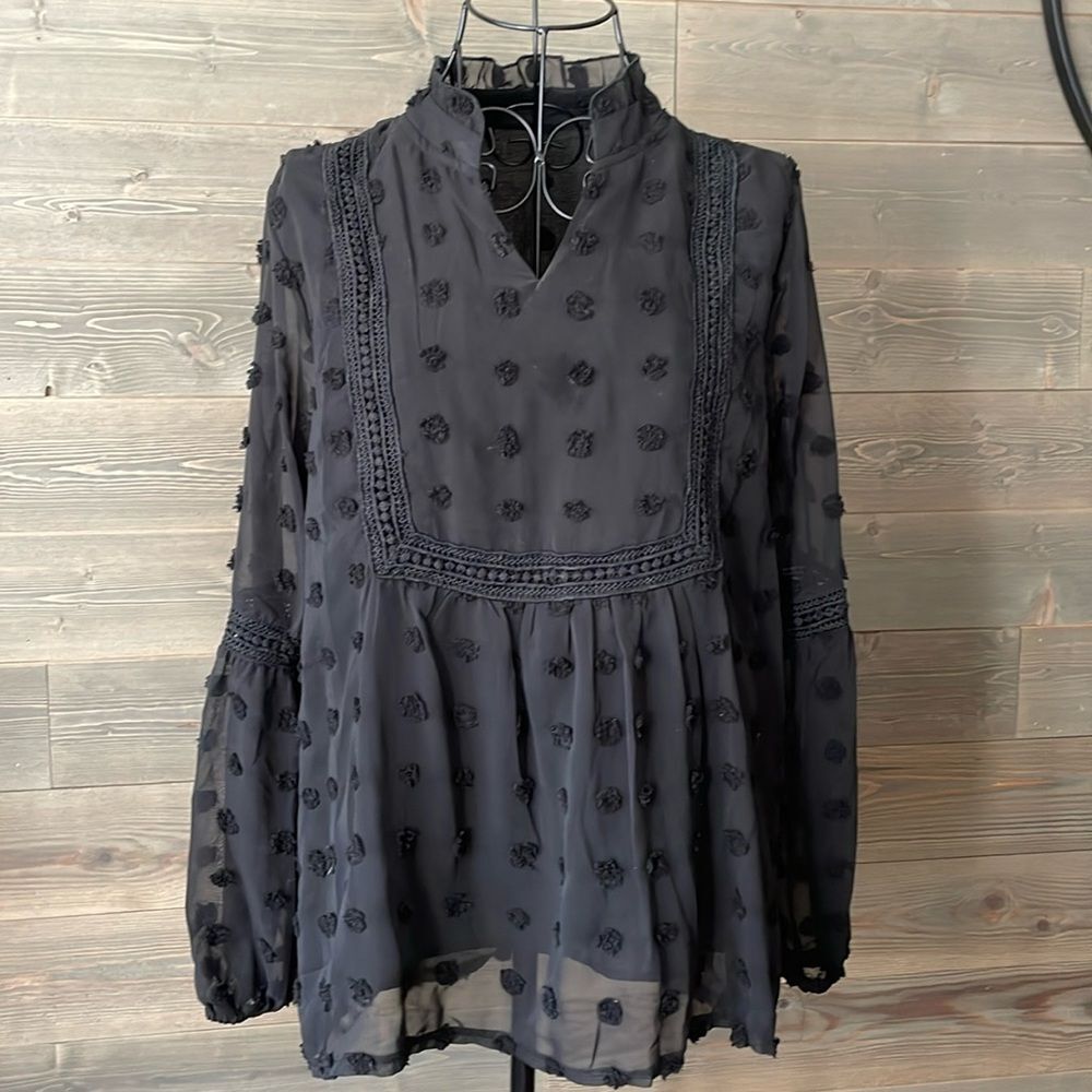 Black high neck, V dotted long sleeve blouse
